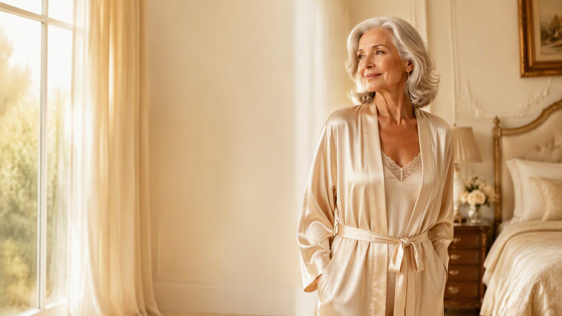 An elegant silver-haired woman in a champagne silk robe standing by a bright window in a warm cream bedroom