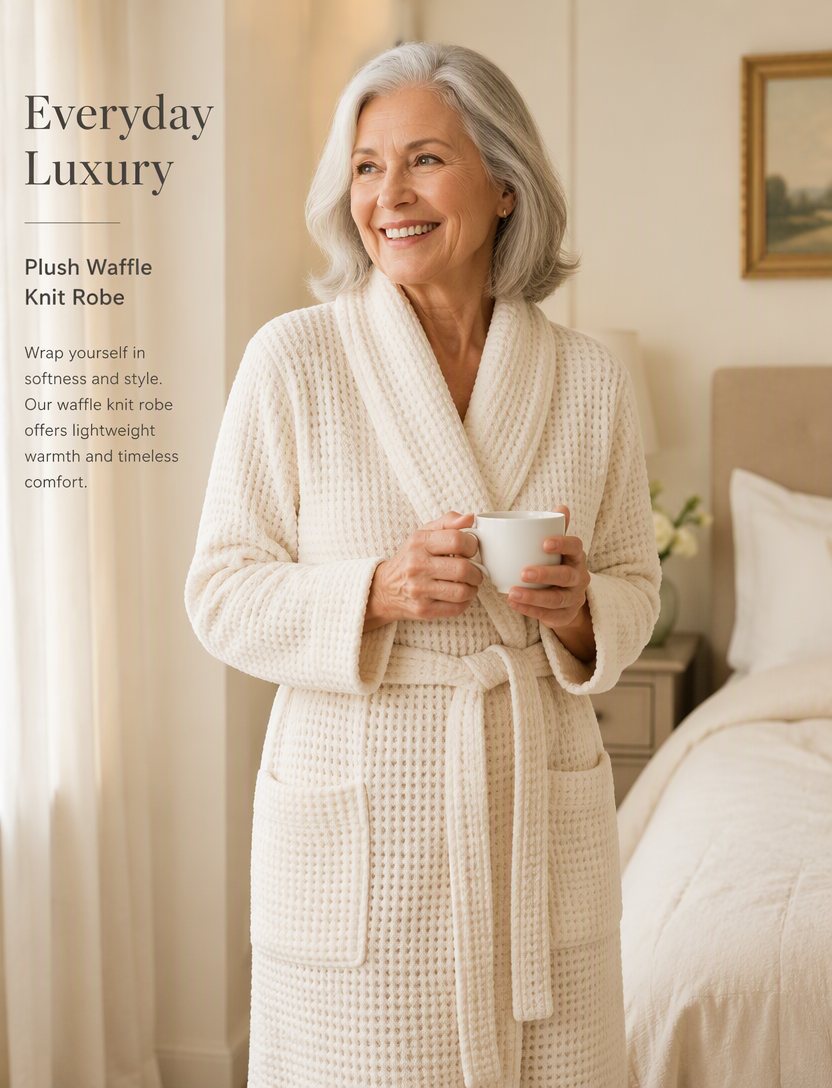 A smiling silver-haired woman wrapped in a cozy ivory waffle-knit robe holding a cup of tea