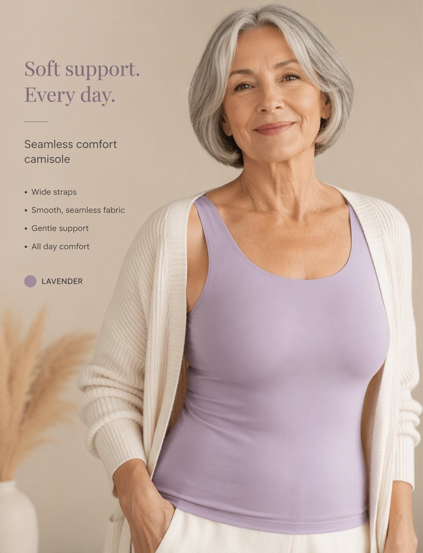 A confident silver-haired woman in a soft lavender camisole and cream cardigan